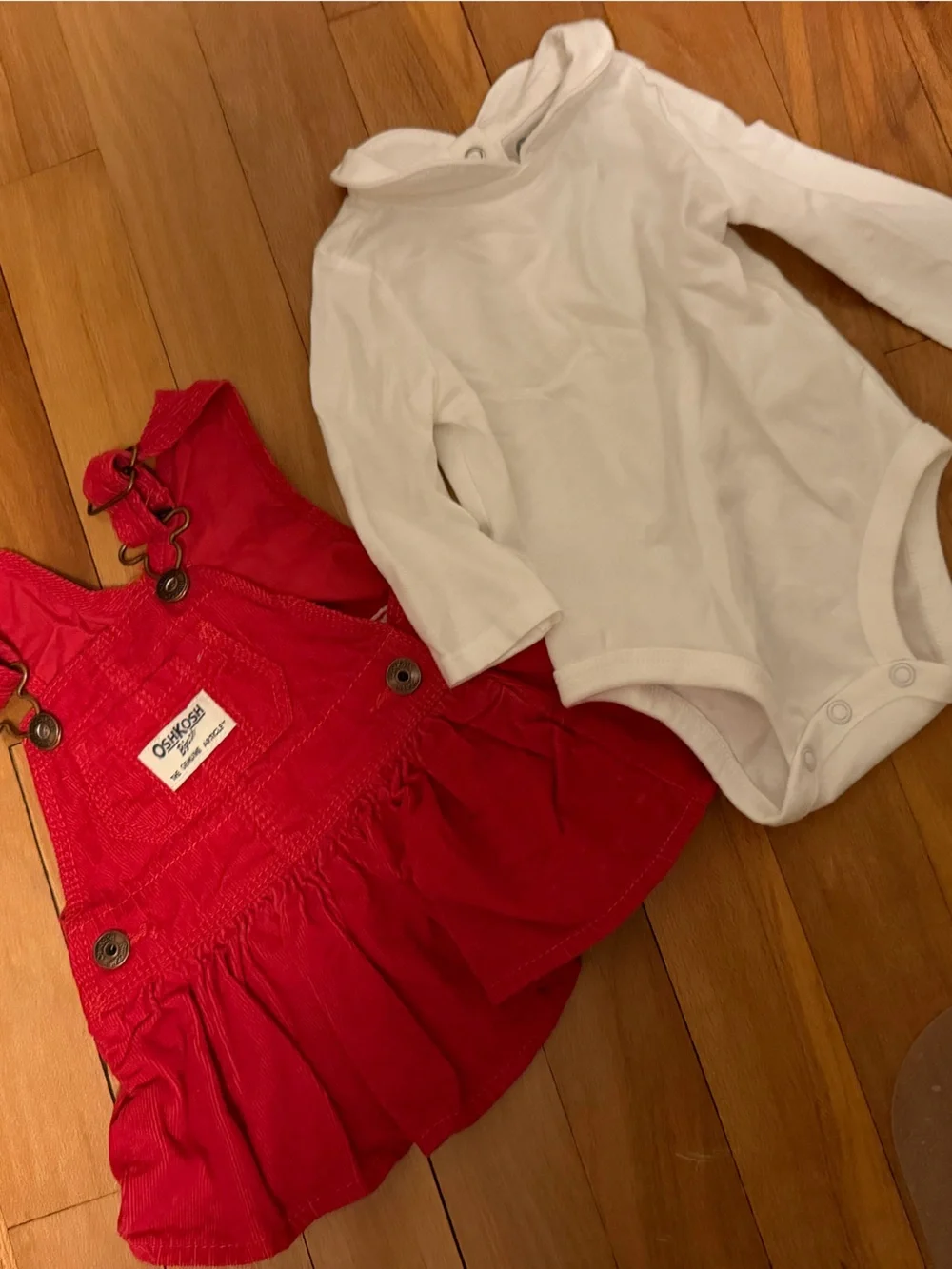 OshKosh B'gosh Red Corduroy Overall Dress with White Bodysuit for baby